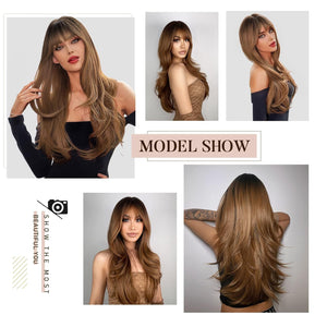 Light Brown Wigs for Women Brown Wig with Bangs 24‘’Ombre Brown Wig with Dark Roots Long Layered Wig Heat Resistant Synthetic Wig Natural Looking