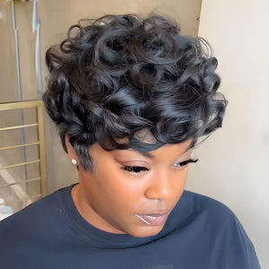 Short Pixie Wigs for Black Women Short Black Curly Pixie Wigs Synthetic Hair Wigs for Black Women Natural Wavy Black Pixie Cut Wig Short Curly Layered Pixie Wig for Women(Natural Black)