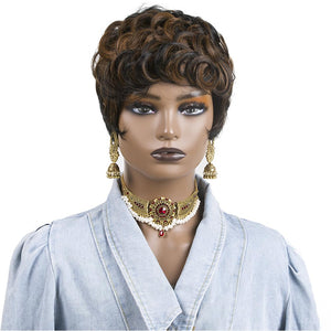 Short Pixie Cut Wigs for Black Women Short Curly Hair Layered Wavy Pixie Cut Wigs With Bangs Short Wigs for Black Women Black Mixed Brown Pixie Wigs for Women Short Brown Wig (Black Mixed Brown)