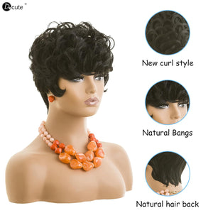 Pixie Cut Wigs Short Black Curly Pixie Wigs Layered Heat Resistant Wigs Pixie Cut Wig For Black Women Natural Wavy Wig with Bangs(black)