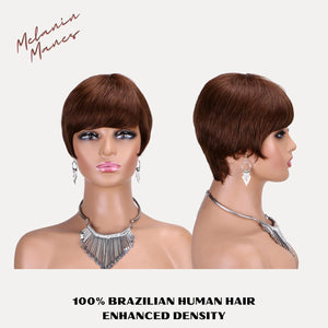 Layered Pixie Cut Short Wig With Bangs Tapered Style 100% Brazilian Human Hair Black with Auburn Highlights Ombre