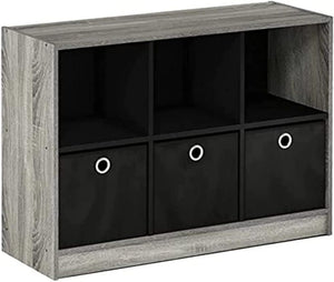 3x2 Cube Storage Bookcase Organizer with Bins, French Oak Grey/Black