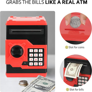 ATM Piggy Bank for Boys Girls, Mini ATM Coin Bank Money Saving Box with Password, Red Black