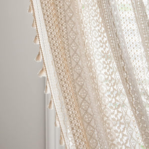Boho Curtains Crochet Lace Semi-Sheer Bohemian Hollow Knitted Handmade Tassels, 1 Panel 59" W x 84" L, Beige
