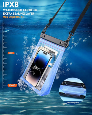 [Extra Large] Waterproof Phone Pouch Floating, [Double Seals] IPX8 Underwater Phone Protector (Blue, up to 8.3 inches)