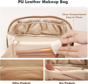 Large Capacity Cosmetic Bag for Women Portable Waterproof PU Leather Makeup Bag Open Flat Makeup Organizer, Beige