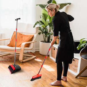 Broom with Dustpan Combo Set 54" Long Handle Adjustable Length Stainless Steel Broomstick Standing Dust Pan and Broom Set for Office Home Kitchen Lobby Floor Cleaning (Red and Black)