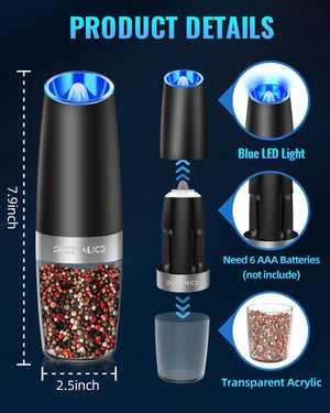 Electric Pepper and Salt Grinder Set, Adjustable Coarseness, Battery Powered with LED Light, One Hand Automatic Operation, Stainless Steel Black, 2 Pack