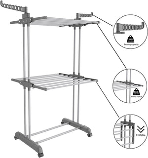 3 Tier Clothes Drying Rack, 57 Inch Laundry Drying Rack, Foldable Stainless Steel