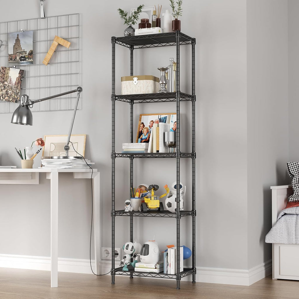 5 Tier Shelf Wire Shelving Adjustable Storage Shelves Storage Rack, Narrow Mesh Gaps,16”W x 10”D x 55”H, Black