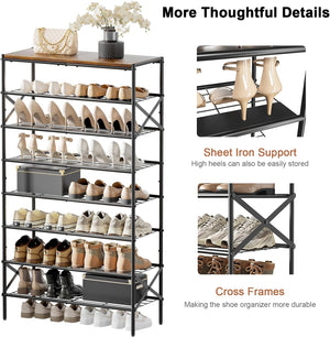 8-Tier Tall Shoe Rack Organizer Shoe Storage for Entryway 24-32 Pairs Metal Shoe Rack , Rustic Brown