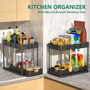 Under Sink Organizers and Storage 2 Pack - 2 Tier Sliding Bathroom Cabinet Organizer with Hooks