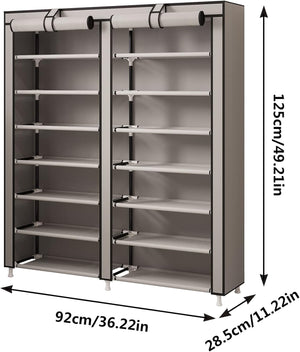 Double Row Portable Nonwoven Fabric Cover Shoe Rack Holds up to 28 Pairs 36.2 x 11.2 x49.2 Inches Grey