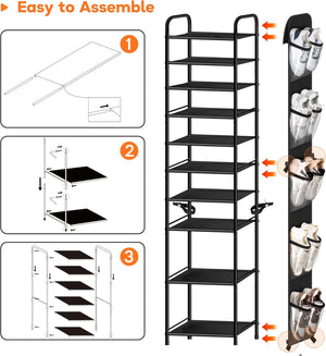 10 Tier Tall Narrow Shoe Rack for Closet, Holds 25 Pairs Boots & Shoe Storage Organizer