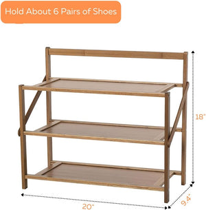 3-Tier Shoe Rack for Closet & Entryway, Installation-Free Foldable Bamboo Shoes Storage Organizer, Brown