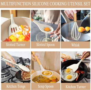 33 pcs Non-stick Silicone Cooking Kitchen Utensils Spatula Set with Holder, Wooden Handle Silicone Kitchen Gadgets Utensil Set (Cream White)