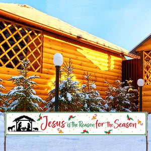 Nativity Christmas Sign Banner Jesus is the Reason for the Season Outdoor Christmas Decorations, 9.8 x 1.6 FT (Green, White)