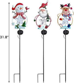 3 Pack Christmas Stake Decor, Outdoor Garden Solar Light Metal Snowman/Santa Claus/Reindeer Yard Stakes with LED Lights