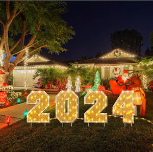 Christmas Happy New Year Decorations Outside Number 2024 Yard Signs with LED String Light