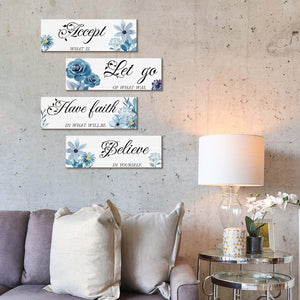 4 Pieces Blue Flower Wall Decor For Bedroom, Accept-Let go-Have faith-Believe Wooden Inspirational Wall Art