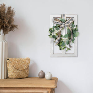 2 Pieces Farmhouse Wall Decor Wood Window Frame with Eucalyptus Wreath Rustic Farmhouse Decor, 13. 8 x 8.9 Inch, White