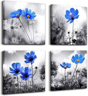 Simple Life Black and White Landscape Cyan Blue Flowers Wall Decor, 12" x 12" 4 Pieces Framed Canvas Prints