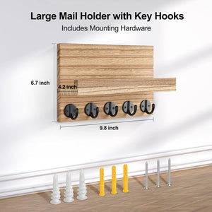 Key Holder for Wall, Decorative Key and Mail Holder with Shelf Has Large Key Hooks for Bags, Coats – Paulownia Wood Key Hanger (Burnt wood)