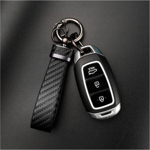 Leather Car Keychain - Carbon Fiber Interior Key Fob with Anti-Lost D-Ring - Car Accessory Key Ring (Black)