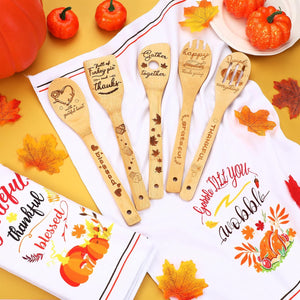 7 Pcs Thanksgiving Kitchen Decor Set, Including 2 Pcs Friendsgiving Kitchen Towels Funny Dish Towel and 5 Pcs Wooden Spoons