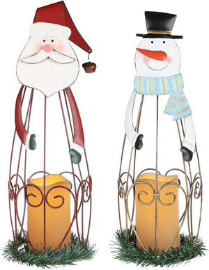 2 Pack Christmas Candle Lantern with LED Lights, Metal Lighted Santa Claus Lanterns for Christmas Holiday Home Decorations