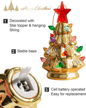 Set of 3 Mini 4.5" Inch Nostalgic LED Ceramic Christmas Tree with Lights Xmas Tree That Light Up Hanging Ornaments