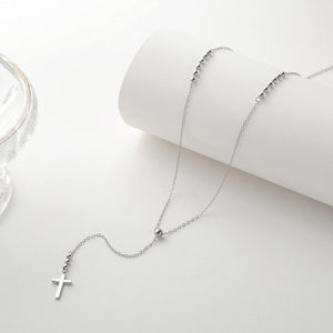 Sterling Silver Cross Y-Shaped Lariat Necklace Minimalist Drop Necklace for Women, White Gold