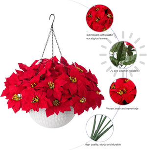 Artificial Fake Poinsettia Flowers Plants Hanging Basket for Christmas New Years Decoration, Faux Red Flower Realistic