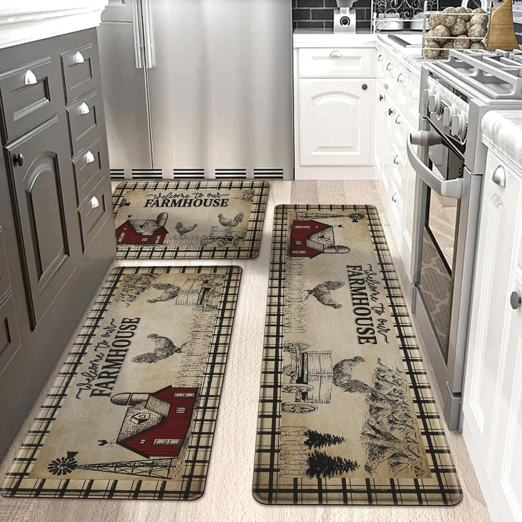 Farmhouse Kitchen Rugs Anti Fatigue 3 Piece, Washable Non-Skid Kitchen Mat, Size 18'' x 30''+18" x 48"+18" x 60"