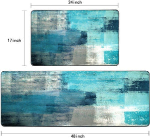 Abstract Area Rug Turquoise and Grey Abstract Art Painting 17"X48"+17"X24" Non-Slip Kitchen Rug Set