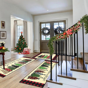 Set of 3 Xmas Tree Kitchen Rugs and Mats Winter Holiday Floor Carpet Mat