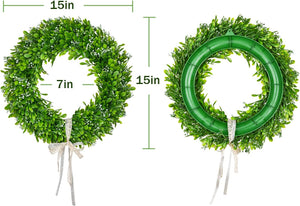 Artificial Boxwood Wreath Decoration - 15" Spring Wreath with White Seeds and Silk Ribbon for Front Door