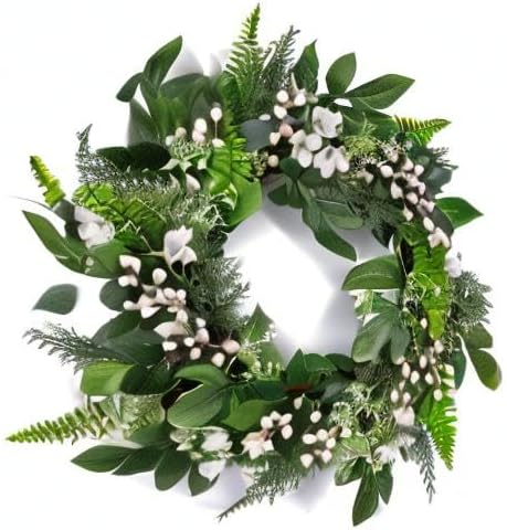 20 inch Spring Wreaths for Front Door with White Berries,Handmade Green Leaves Wreath for All Seasons