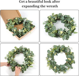 20'' Eucalyptus Wreath Spring Summer Green Wreath with White Berries for Home