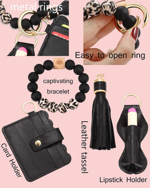 Wristlet Keychain Bracelet Wallet, Silicone Bead keyring Bangle for Women, Black