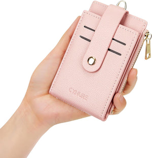 Women & Men Leather RFID Blocking Card Holder Slim Small Zipper Keychain Front Pocket Wallet with 2 ID Window, Pink