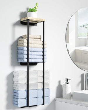 2 Tier Wall Towel Holder with Wood Shelf for Small Bathroom