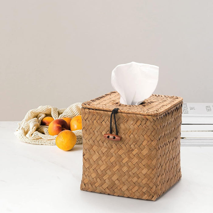 Seagrass Square Tissue Box Cover Woven Napkin Holder Decorative (Natural, 5.5 x 5.5 x 5.5 Inch)