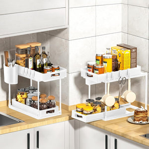 2 Pack Double Sliding Under Sink Organizers and Storage,2-Tier Pull Out Under Sink Organizer with Hooks and Hanging Cup