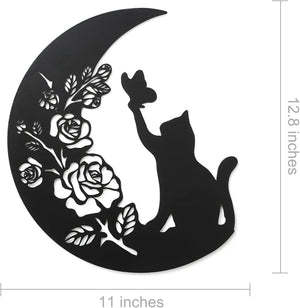 Metal Black Cat Wall Decor, Cat On the Moon Wall Art, Cats Lover Gifts, 11 inches