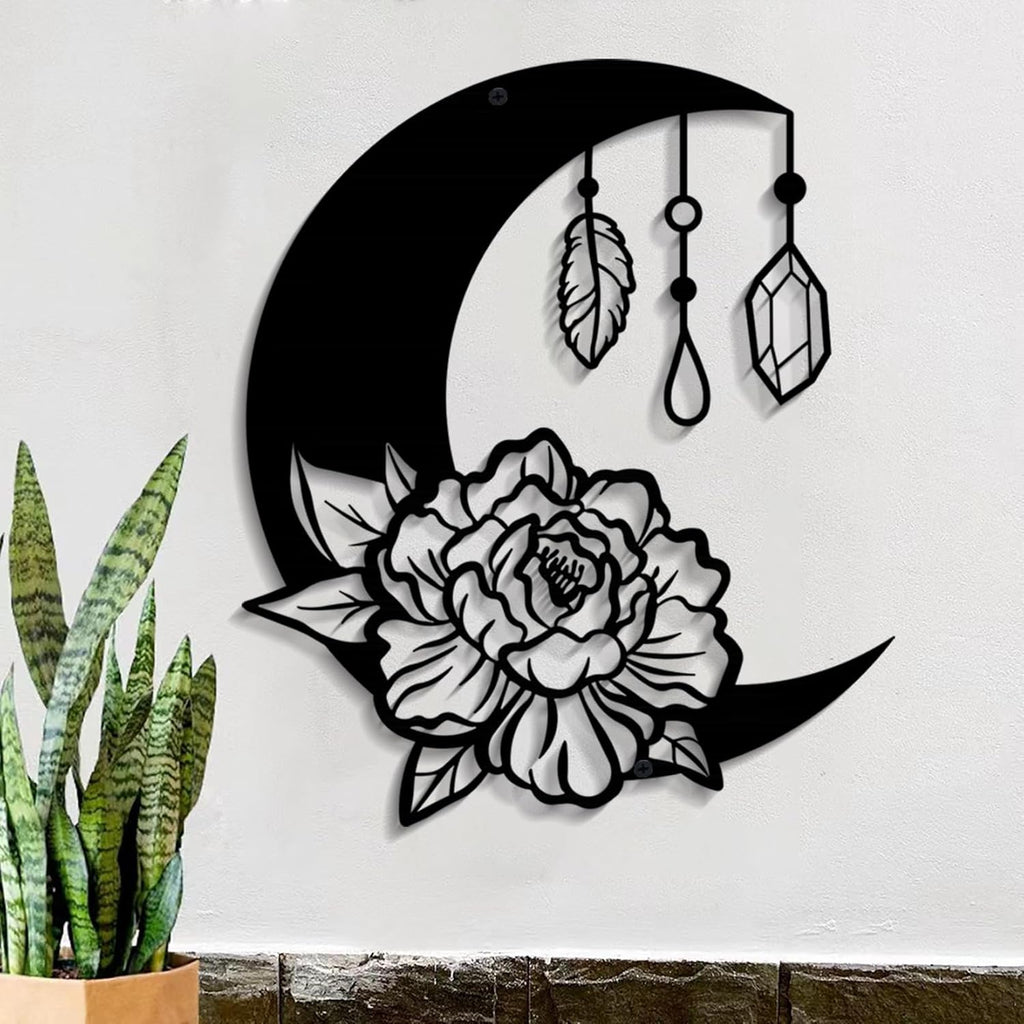 11" Black Boho Floral Moon and Star Phase Wall Sign