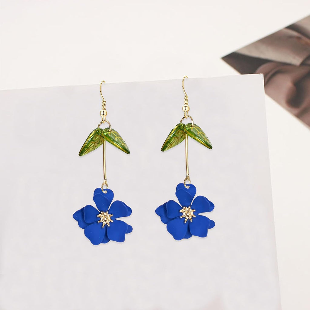 Boho Flower Dangle Earrings for Women Cute Green Leaf Earrings Fairy Statement , Blue