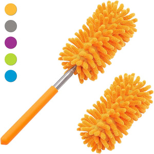 Hand Washable Dusters with 2pcs Replaceable Microfiber Head, Extendable Pole, Detachable Cleaning Supplies for Office, Car, Window, Furniture, Ceiling Fan, Bright Orange