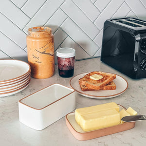 Two-in-One Butter Dish with Lid, Covered Butter Crock Container to Leave on Countertop, Vanilla White