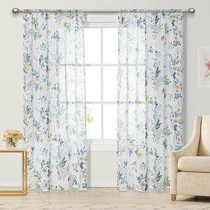 Floral Curtains for Living Room 84 inches Long Classic Printed Flower Leaf Sheer Curtains for Bedroom, 2 Panels, 52 x 84 inch